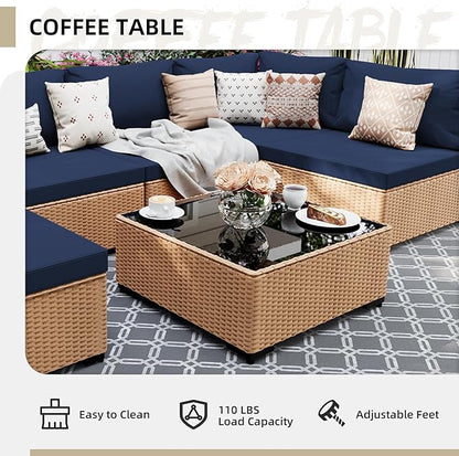 UPHA 7 Pieces Patio Furniture Sets Outdoor Sectional Sofa Wicker Conversation Couch for Decks, Backyards, Gardens, Yellow Rattan, Navyblue Cushion