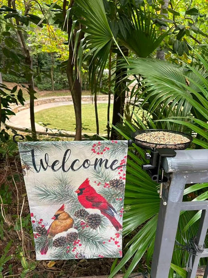 Railing Bird Feeder with Cardinal Flag for Balcony/Deck/Porch 8" Platform Bird Seed Tray and Garden Flag Handrail Mount Metal Mesh Feeder for Wildbird Feeding