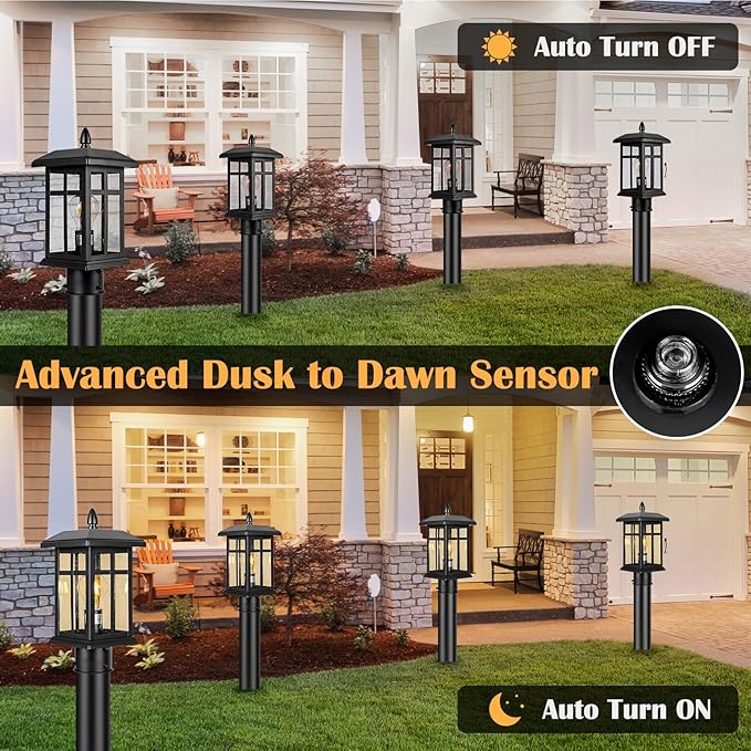 Dusk to Dawn Black Outdoor Post Light Fixture, Pole Lamp with Pier Mount, Waterproof Exterior Lamp Post Lantern for Yard, Driveway, Path, Black