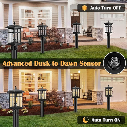 Dusk to Dawn Black Outdoor Post Light Fixture, Pole Lamp with Pier Mount, Waterproof Exterior Lamp Post Lantern for Yard, Driveway, Path, Black