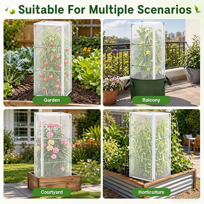3 Pcs Tomato Netting for Garden Protection, 57" X 17.7" X 17.7" Square Tomato Cage Insect Barrier Plant Netting Mesh Cover with Zipper & Drawstring, for Vertical Climbing Plants Vegetables Fruits