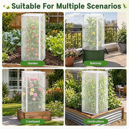 3 Pcs Tomato Netting for Garden Protection, 57" X 17.7" X 17.7" Square Tomato Cage Insect Barrier Plant Netting Mesh Cover with Zipper & Drawstring, for Vertical Climbing Plants Vegetables Fruits