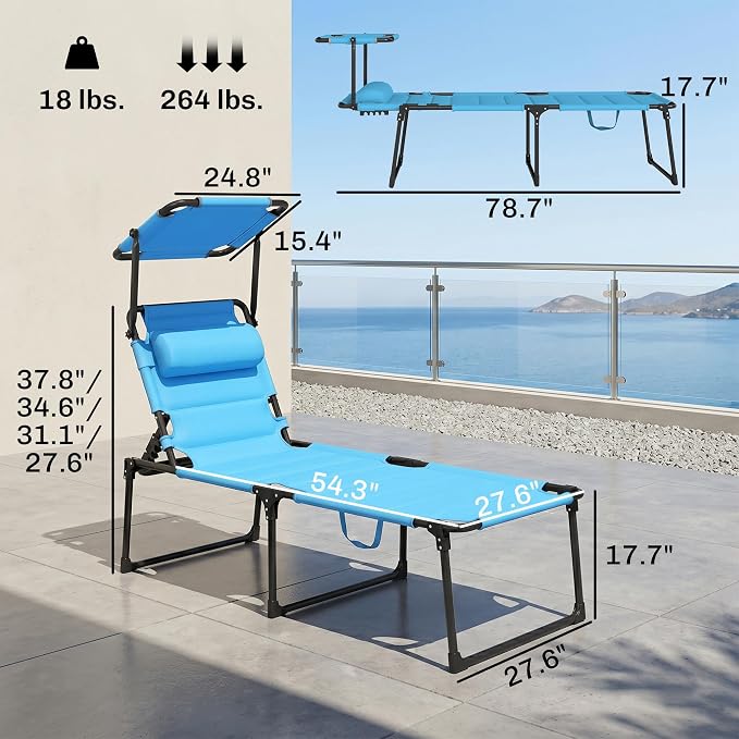 Outsunny Outdoor Lounge Chair, Adjustable Backrest Folding Chaise Lounge, Cushioned Tanning Chair with Sunshade Roof & Pillow Headrest for Beach, Camping, Hiking, Light Blue