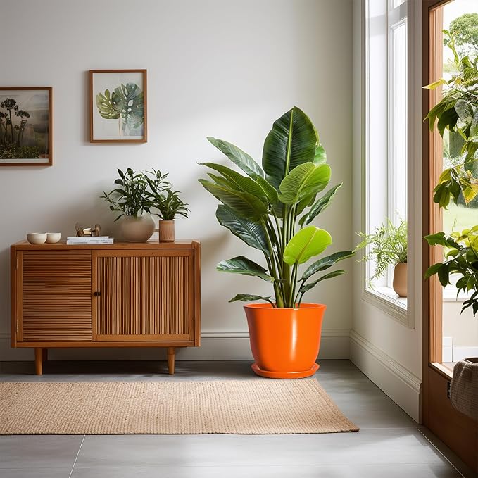 10 Inch Plant Pot - Ceramic Pots for Plants with Drainage Hole and Saucer, Round Planters for Indoor Outdoor Plants, Modern Decorative Planters, Room Home Decor, Gardening Gifts, Orange