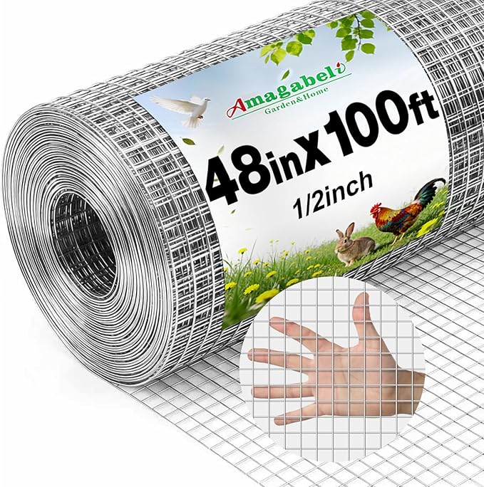 Amagabeli Hardware Cloth 1/2 inch 48 x 100 ft 19 Gauge Chicken Wire Fence Hot-Dipped Galvanized After Welding Welded Wire Fencing Mesh Roll Plant Support Gopher Snake Rodent Rabbit Poultry Netting