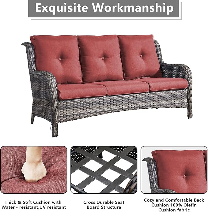 Rilyson Outdoor Patio Wicker Furniture Set - 5 Piece Rattan Patio Conversation Sectional Sofa Set with 1 Couch,2 Armchairs,2 Ottomans for Porch Deck Garden(Mixed Grey/Red)