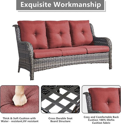Rilyson Outdoor Patio Wicker Furniture Set - 5 Piece Rattan Patio Conversation Sectional Sofa Set with 1 Couch,2 Armchairs,2 Ottomans for Porch Deck Garden(Mixed Grey/Red)