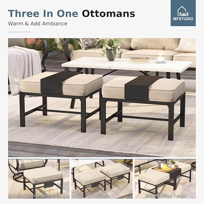 MFSTUDIO 5 Pieces Patio Conversation Sets,Outdoor Metal Furniture Sofas with 1 x 3-Seat Sofa, 2 x Rocking Chairs,2 x Ottoman,Wrought Iron Frame with Beige Cushion for Patio Courtyard Balcony