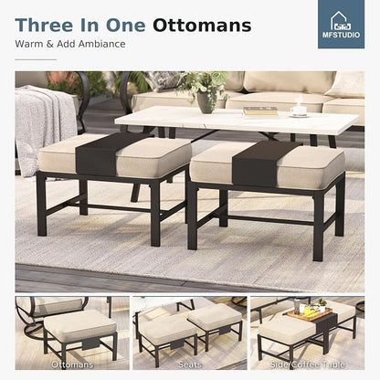 MFSTUDIO 5 Pieces Patio Conversation Sets,Outdoor Metal Furniture Sofas with 1 x 3-Seat Sofa, 2 x Rocking Chairs,2 x Ottoman,Wrought Iron Frame with Beige Cushion for Patio Courtyard Balcony