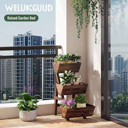 Vertical Wooden Raised Garden Bed, Garden Planters Freestanding Wood Plant Stand Flower Rack Wooden Planter Box for Plants Herbs Flowers Vegetables Outdoor Indoor Gardening (3-Tier Small Carbonized)