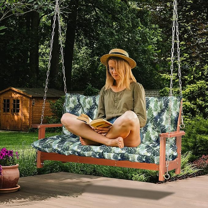 Swing Replacement Cushions with Backrest, 2 or 3 Seater Waterproof Non-Slip Overstuffed Swing Pad, Indoor/Outdoor Bench Cushion for Porch Chair Swings Garden Furniture (Palm Leaves, 40 * 71 in)