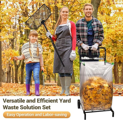 CAROD Leaves Grabber Rake with Leaf Bag Cart Combo, Lightweight Metal Leaf Grabber with Long Handle, Convenient Trash Bag Cart Holds 30-45 Gallon Trash Bags for Leaves Weeding Camping Party