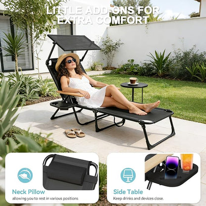 Outdoor Chaise Lounge Chair with 4-Position Adjustable Backrest,Patio Folding Sun Tanning Chair,Pillow & Cup Holder,Portable Recliner Sunbathing Lounger Chairs for Beach Garden (Black with Shade)