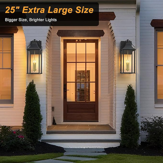 𝟮𝟱-𝗜𝗡𝗖𝗛 Outdoor Wall Lights Fixtures, Large Size Dusk to Dawn Waterproof Exterior Lanterns, Modern Porch Sconce Wall Mounted with Glass, Black Outside Lights for House Patio Front Door