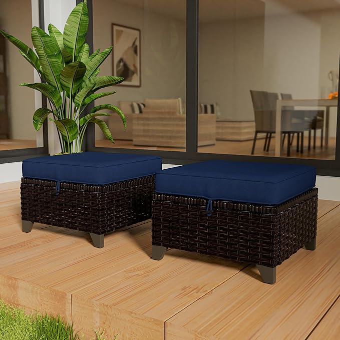VistaVibe 2 Pieces Patio Wicker Ottomans, Luxurious Footstools, Outdoor Small Footrest, Wicker Furniture with Removable Cushions,All-Weather PE Rattan, Garden, Backyard, Porch(Brown/Navy)