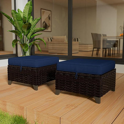 VistaVibe 2 Pieces Patio Wicker Ottomans, Luxurious Footstools, Outdoor Small Footrest, Wicker Furniture with Removable Cushions,All-Weather PE Rattan, Garden, Backyard, Porch(Brown/Navy)