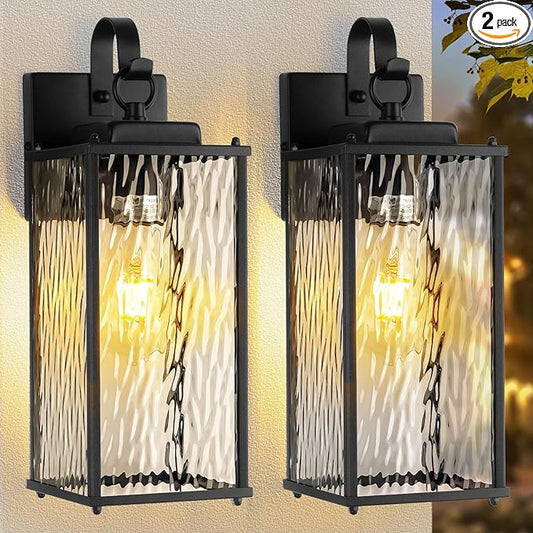 Outdoor Lights for House with Water Ripple Glass Modern 2-Pack, IP65 Waterproof Porch Lights Outdoor Wall Sconces Matte Black Patio Garage Coach Lighting Exterior Lanterns Wall Mounted, 15"