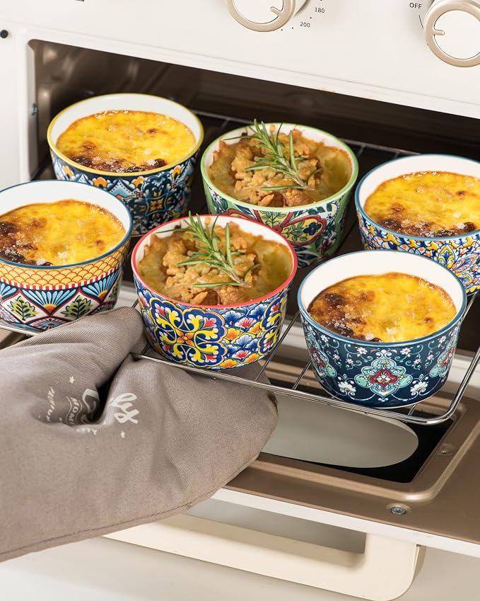 6 oz Ceramic Ramekins Set of 6, Boho Baking Cups & Dessert Dishes | Oven Safe, Ideal for Crème Brûlée, Soufflés, Custards, Puddings, Lava Cakes & Everyday Baking