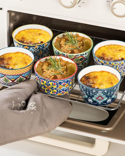 6 oz Ceramic Ramekins Set of 6, Boho Baking Cups & Dessert Dishes | Oven Safe, Ideal for Crème Brûlée, Soufflés, Custards, Puddings, Lava Cakes & Everyday Baking