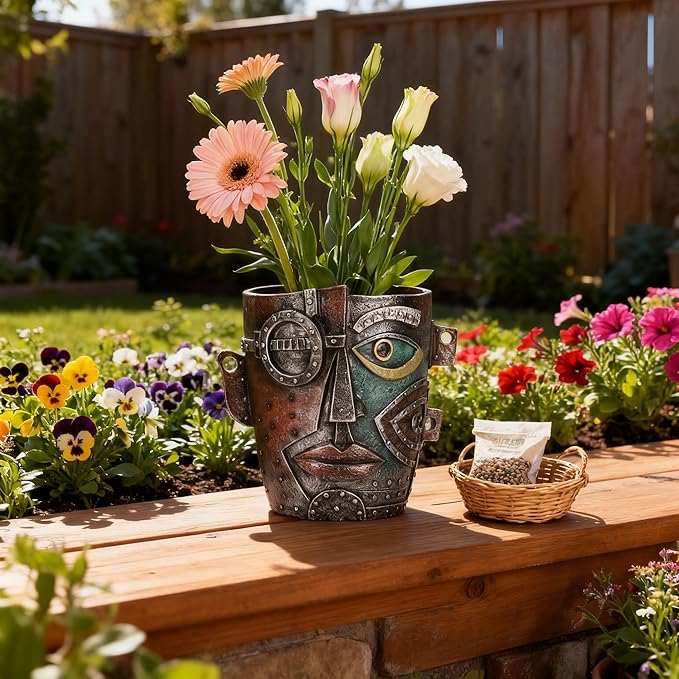 Abstract Face Planter Pot, Hand-Painted Resin Flower Pot with Top Opening for Planting, Decorative Planter for Indoor Plants, Art Accent Flowerpot Decor