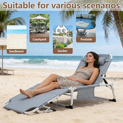 3-in-1 Heavy Duty Tanning Chair with Face Hole Adjustable 5-Position Folding Chaise Lounge Chairs Portable Lay Flat Beach Lounge Chair for Outdoor Sunbathing Patio Pool Lawn Camping Deck (Gray)