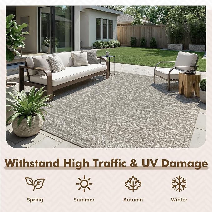 MontVoo-Outdoor Rug-Patio Rug 4x6 Polypropylene Indoor Outdoor Rugs Outdoor Carpet for Patio Deck Balcony Porch, Textured Weave, Durable for High Traffic, Fade-Resistant, Boho Farmhouse Silver Grey