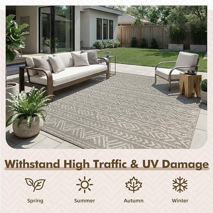 MontVoo-Outdoor Rug-Patio Rug 4x6 Polypropylene Indoor Outdoor Rugs Outdoor Carpet for Patio Deck Balcony Porch, Textured Weave, Durable for High Traffic, Fade-Resistant, Boho Farmhouse Silver Grey