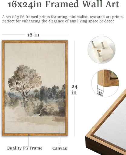 UPWOIGH Large Framed Wall Art, Set of 3 Vintage Muted Landscape Prints, 16x24 in Natural Cotton Posters with Trees, North Botanical Decor, Farmhouse Aesthetic for Living Room, Bedroom