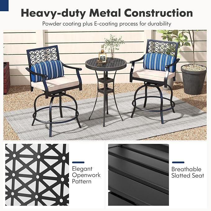 COSTWAY Outdoor Bar Chair Set of 4, 24.5 Inch Swivel Counter Height Bar Stools with Footrest, Seat Cushions & Lumbar Pillows, Metal Dining Bar Chairs for Patio, Backyard, Poolside (4)