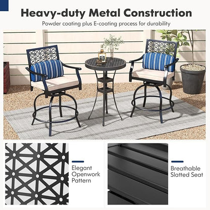 COSTWAY Outdoor Bar Chair Set of 2, 24.5 Inch Swivel Counter Height Bar Stools with Footrest, Seat Cushions & Lumbar Pillows, Metal Dining Bar Chairs for Patio, Backyard, Poolside (2)