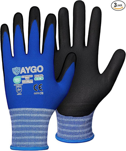 KAYGO Safety Work Gloves MicroFoam Nitrile Coated, 3 Pairs, KG18NB,Seamless Knit Nylon Glove with Black Micro-Foam Nitrile Grip,Ideal for General Purpose,Automotive,Home Improvement,Blue,M