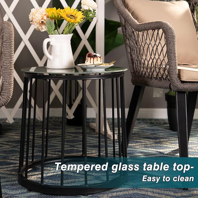 PHI VILLA 3 Pieces Patio Conversation Bistro Set, 2 Hand-Woven Olifin Rope Cushioned Chairs and 1 Glass Top Coffee Table Outdoor Furniture Set for Porch, Backyard - Grey with Beige Cushion