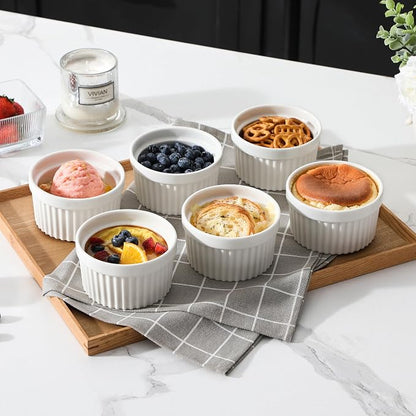 MALACASA Ramekins 10 oz Oven Safe, Porcelain Creme Brulee Ramekins Pudding Custard Cups Large Ceramic Souffle Dishes Ramakan Ramiken Ramicans Baking Bowls Set of 6, White, Series RAMEKIN-DISH