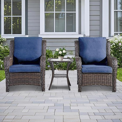3 Pieces Patio Furniture Conversation Set PE Rattan Wicker Outdoor with 2 Armrest Chair and 1 Coffee Side Table, Soft Thick Washable Cushion for Yard Backyard Poolside (Brown/Navy Blue)