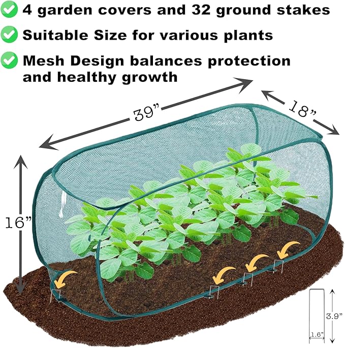 TIMSO 4 Pack Pop Up Raised Bed Cover & Foldable Crop Cage - 30% Sunblock Shade Cloth Plant Protector with Stainless Steel Frame & 32 Stakes - 39"x18"x16" for Vegetables, Seedlings