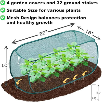 TIMSO 4 Pack Pop Up Raised Bed Cover & Foldable Crop Cage - 30% Sunblock Shade Cloth Plant Protector with Stainless Steel Frame & 32 Stakes - 39"x18"x16" for Vegetables, Seedlings