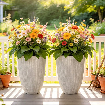 19" Tall Beige Fluted Planters for Indoor & Outdoor, Set of 2 Large Mediterranean-Style Resin Flower Pots with Drainage Holes, UV & Weather Resistant for Patio Porch Home Office Decor