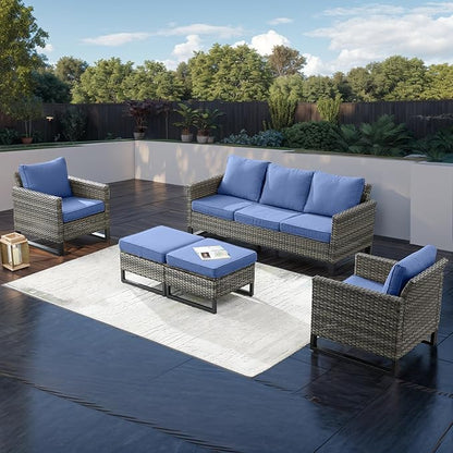 Rilyson Wicker Outdoor Patio Furniture Set - 5 Piece Patio Conversation Set with 2 Wicker Armrest Chairs,2 Rattan Ottoman and 1 Couch for Outside Porch Deck Backyard Garden(Mixed Grey/Blue)