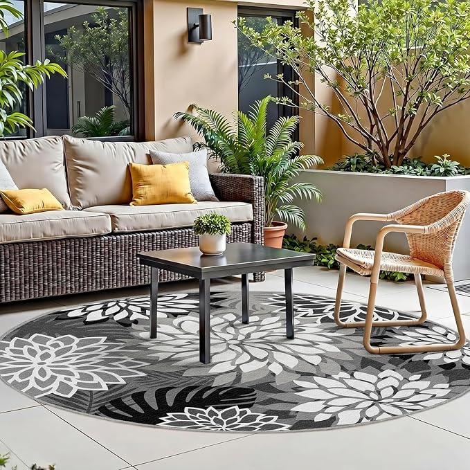 6x6 Outdoor Area Rug Washable Multicolored Patio Rug Tropical Botanical Floral Chenille Waterproof Outdoor Carpet Non-Slip for Patio, Deck, Backyard, Porch, Black