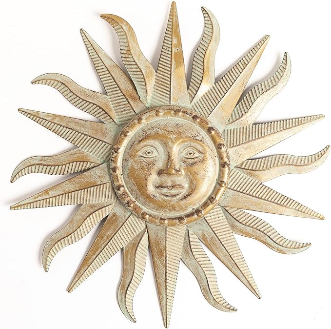 TICKCACY Metal Sun Wall Art Decor Sculpture, 3D Sun Wall Art Decoration Hanging for Outdoor Indoor Garden Farmhouse Yard Patio Living Room Bedroom, 21.65 Inch, Green-gold