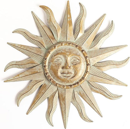 TICKCACY Metal Sun Wall Art Decor Sculpture, 3D Sun Wall Art Decoration Hanging for Outdoor Indoor Garden Farmhouse Yard Patio Living Room Bedroom, 21.65 Inch, Green-gold