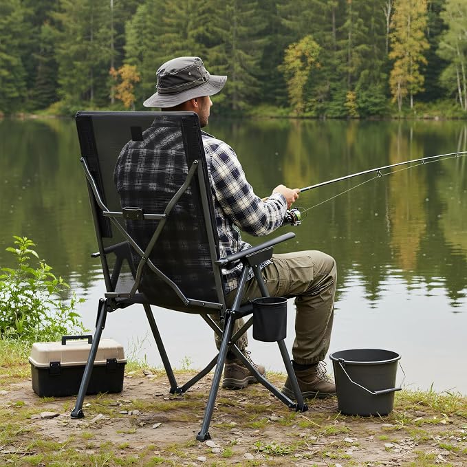 EVER ADVANCED Reclining Camping Chairs for Adult Lightweight, Portable Compact Folding Chair with High Back, 4-Level Recliner Chairs, Lawn Chair for Patio Balcony, Supports 300lbs Textilene Mesh Black