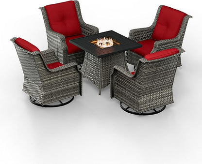 5-Piece Patio Furniture Set Includes 4 Swivel Rocker Chair and 1 Fire Pit, Wicker Conversation Set with Cushion Red