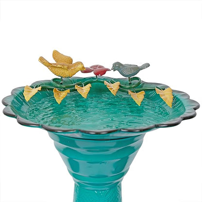Alpine Corporation ORS112GN Vintage Metal Pedestal Birdbath with Stand, Shallow Bird Bath Bowl for Outside, 28" H, Green