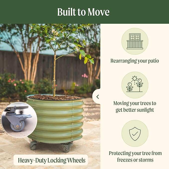 Rolling Metal Citrus Tree Planter, Self-Watering Round Planter Box for Porch Patio & Backyard, Raised Garden Bed with Wheels for Growing Trees Tomatoes Vegetables and Flowers, Twin Pack-Pearl White