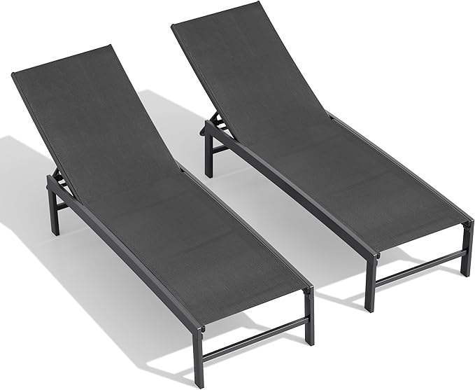 Crestlive Products Chaise Lounge Chair Outdoor Set of 2, Adjustable 5 Positions Pool Tanning Recliner, Outdoor Lounge Furniture Perfect for Patio, Beach, Yard, Pool