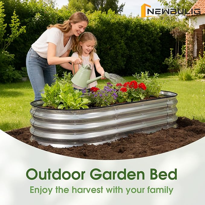 NEWBULIG Heavy-Duty Galvanized Oval Raised Garden Bed for Outdoor, Metal Planter Box with Open Base, Easy Assembly with Safe Edges for Vegetables/Flowers/Herbs