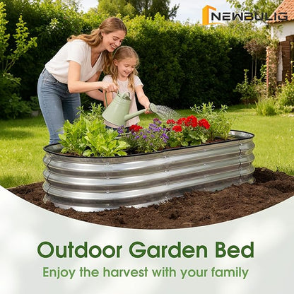NEWBULIG Heavy-Duty Galvanized Oval Raised Garden Bed for Outdoor, Metal Planter Box with Open Base, Easy Assembly with Safe Edges for Vegetables/Flowers/Herbs