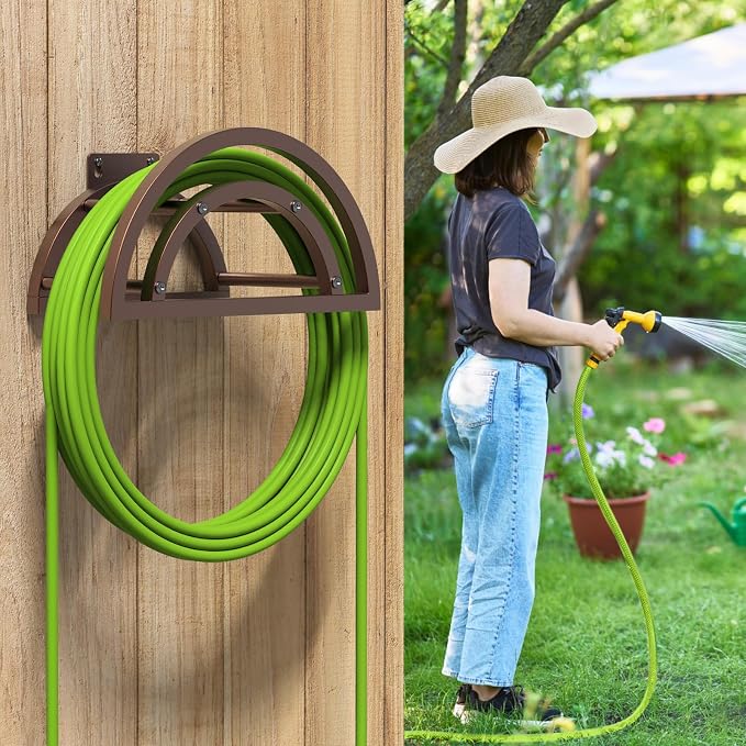 OLV Garden Hose Holder, Outdoor Hose Holder Wall Mounted Holds 125-ft Hose, Heavy Duty Metal Hose Hanger, Sturdy Detachable Hose Reel Storage Organizer, Hose Rack for Outside Garden Lawn Yard, Bronze