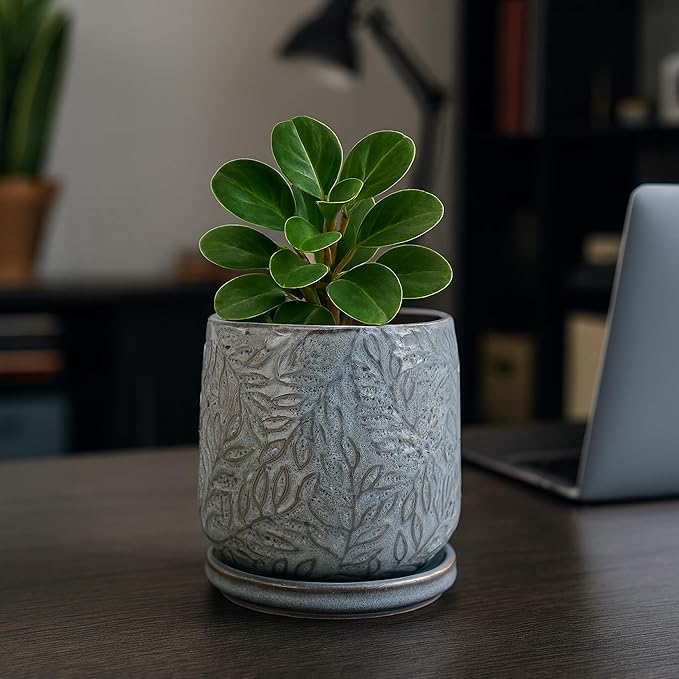 D'vine Dev 4 Inch Embossed Leaves Stoneware Planter Pot with Drainage Hole and Saucer, Graphite Blue, 27-A-Z-9